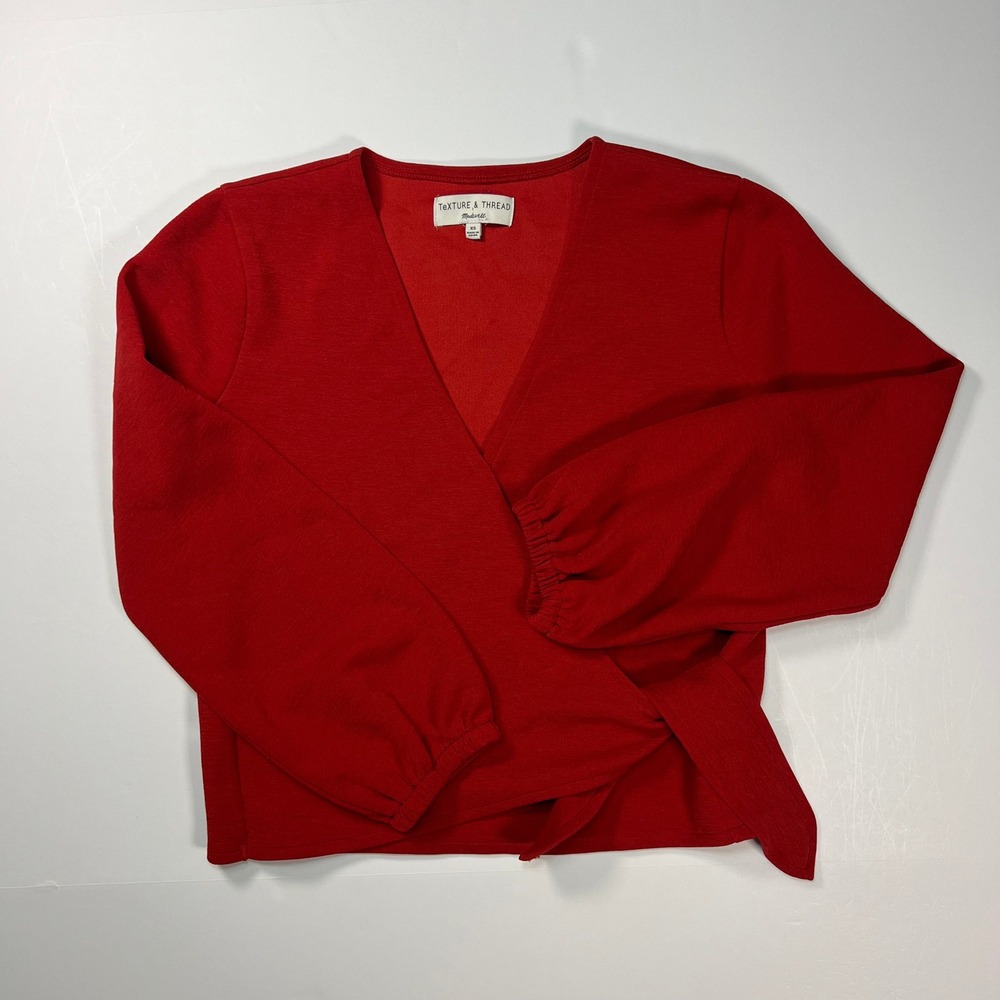 Madewell Texture & Thread Wrap Top Women XS Red Long Sleeve Wrap V-Neck Office